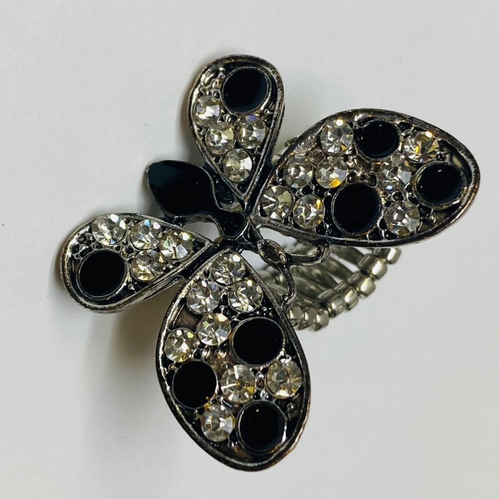 Ring Stretch Butterfly Shape Women Rhinestone Accents Enamel Silver Color Metal - Picture 2 of 16